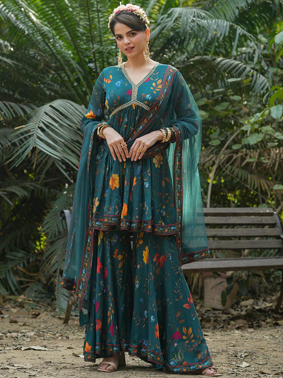 

SCAKHI Floral Printed Pleated Kurti With Sharara & Dupatta, Teal