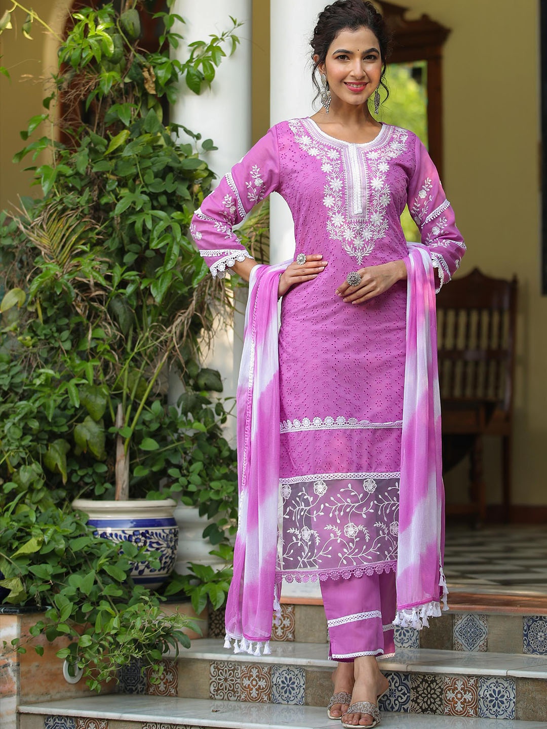SCAKHI Floral Embroidered Chikankari Pure Cotton Kurta With Trousers & Dupatta, Lavender