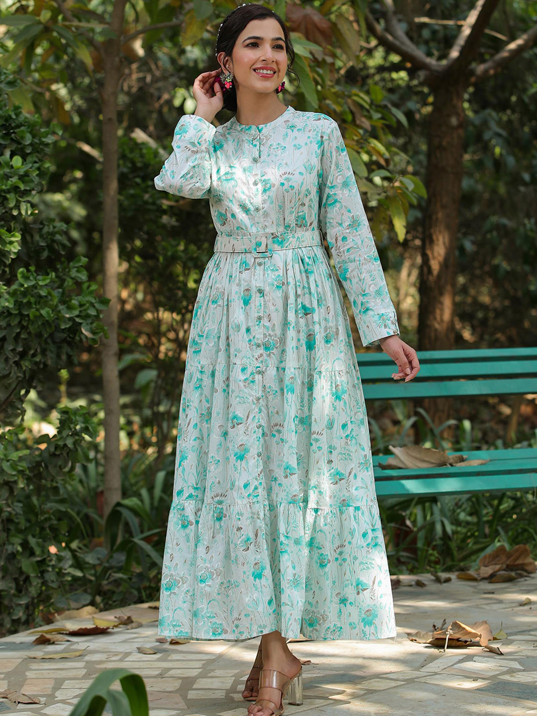 

SCAKHI Floral Printed Cotton Tiered Maxi Dress With Belt, White