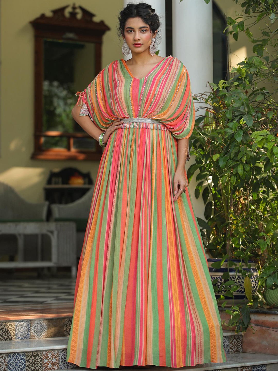 

SCAKHI Striped Embellished Gown Shaped Ethnic Dress With Belt, Pink