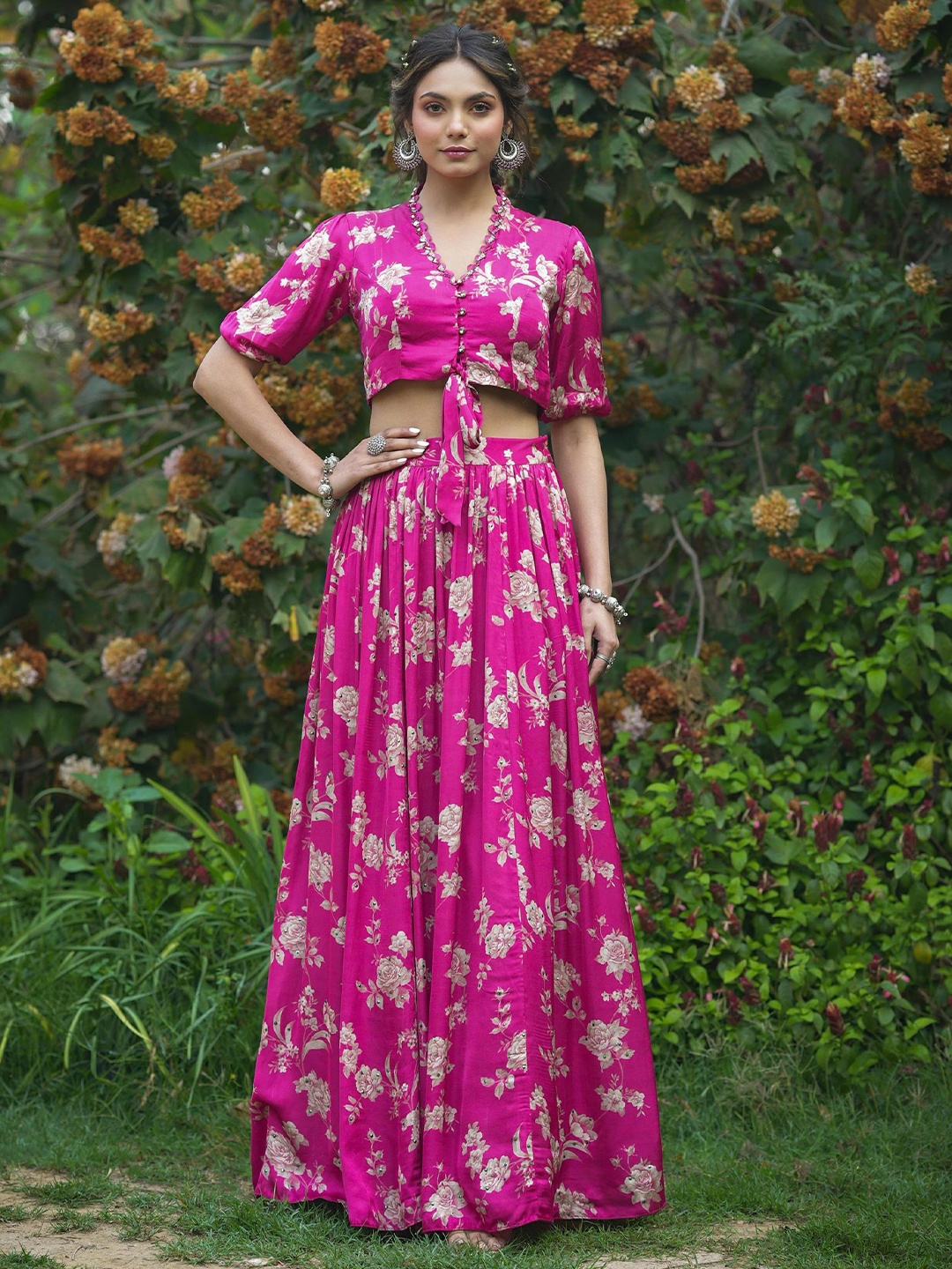 

SCAKHI Floral Printed Crop Top With Skirt Set, Pink