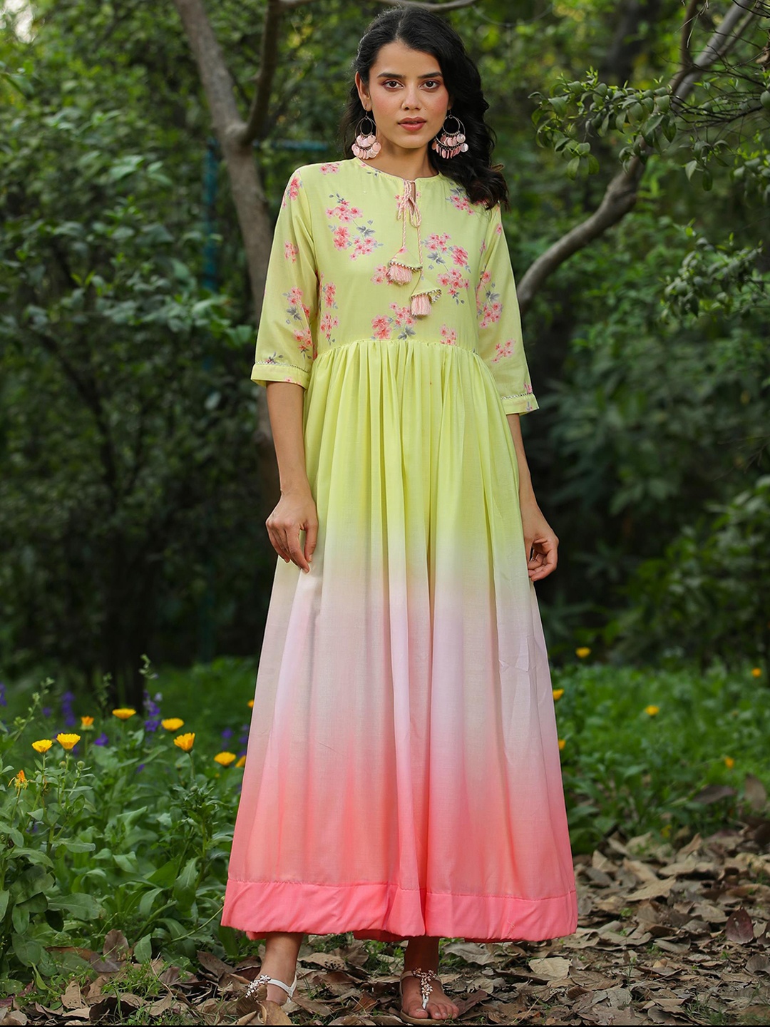 

SCAKHI Floral Printed Tie Up Neck A-Line Cotton Maxi Dress, Yellow