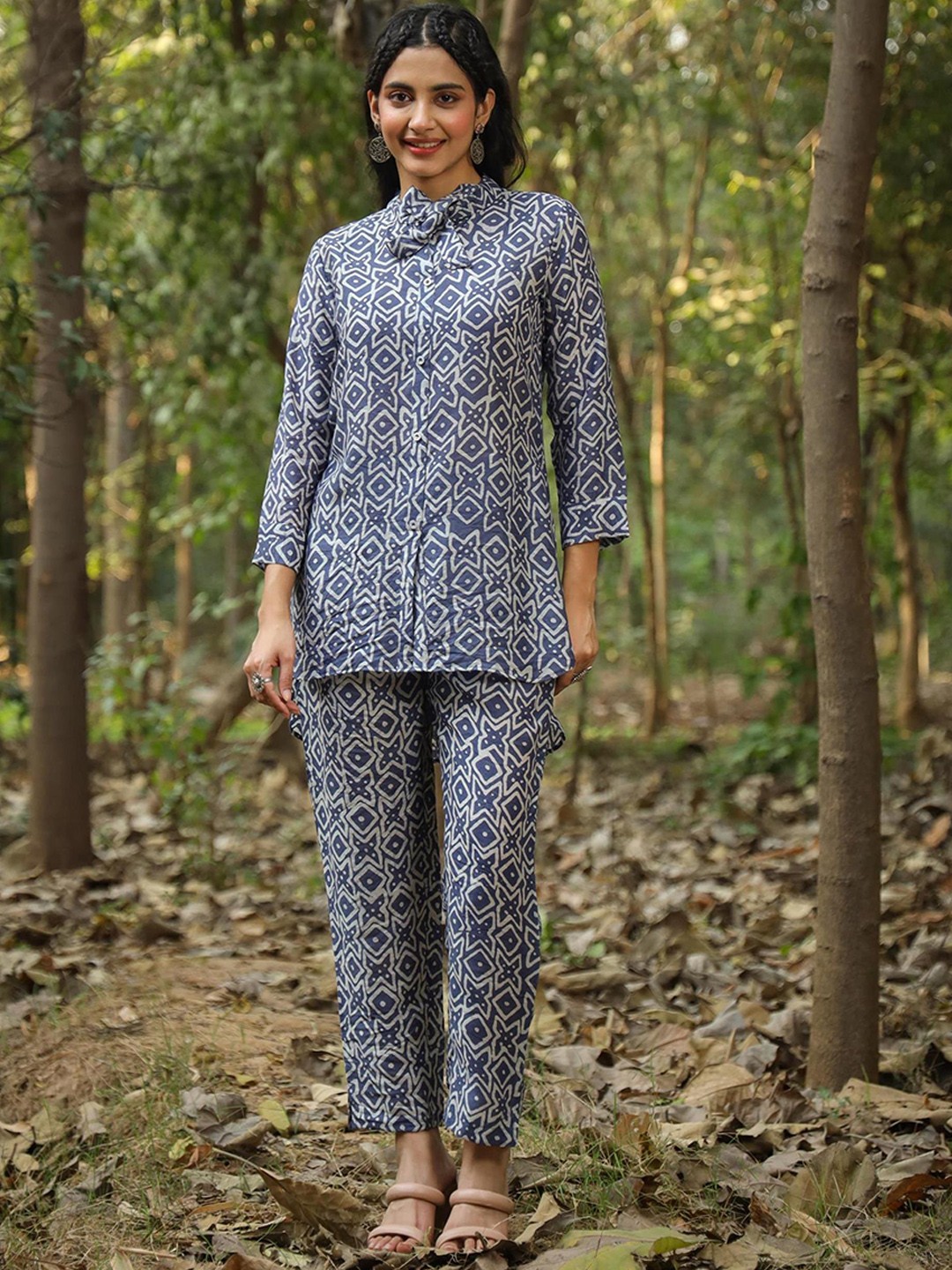 

SCAKHI Printed Tie-Up Neck Tunic with Trousers Co-Ords, Navy blue