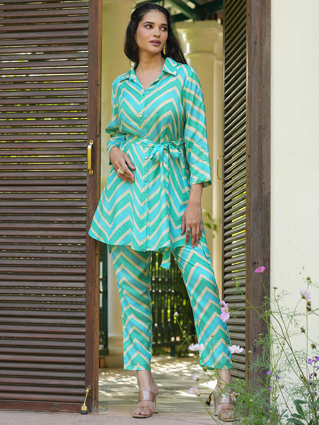 

SCAKHI Striped Shirt Collar Tunic With Trousers Co-Ords, Sea green
