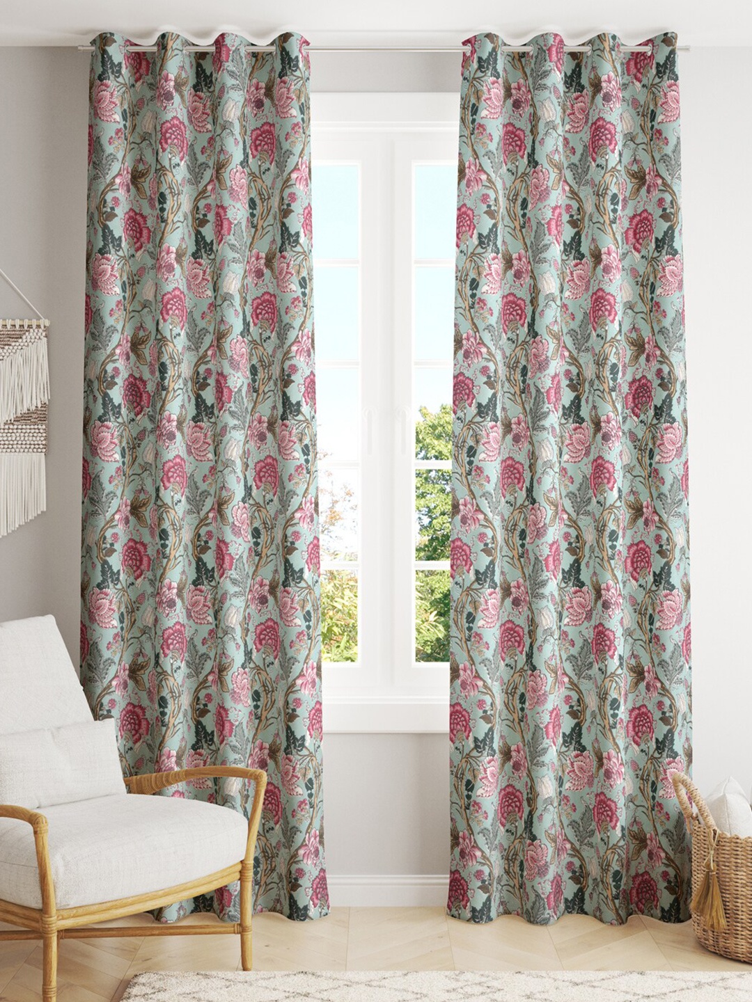 

Gulaab Jaipur Green & Pink 2 Pieces Printed Room Darkening Cotton Long Door Curtains