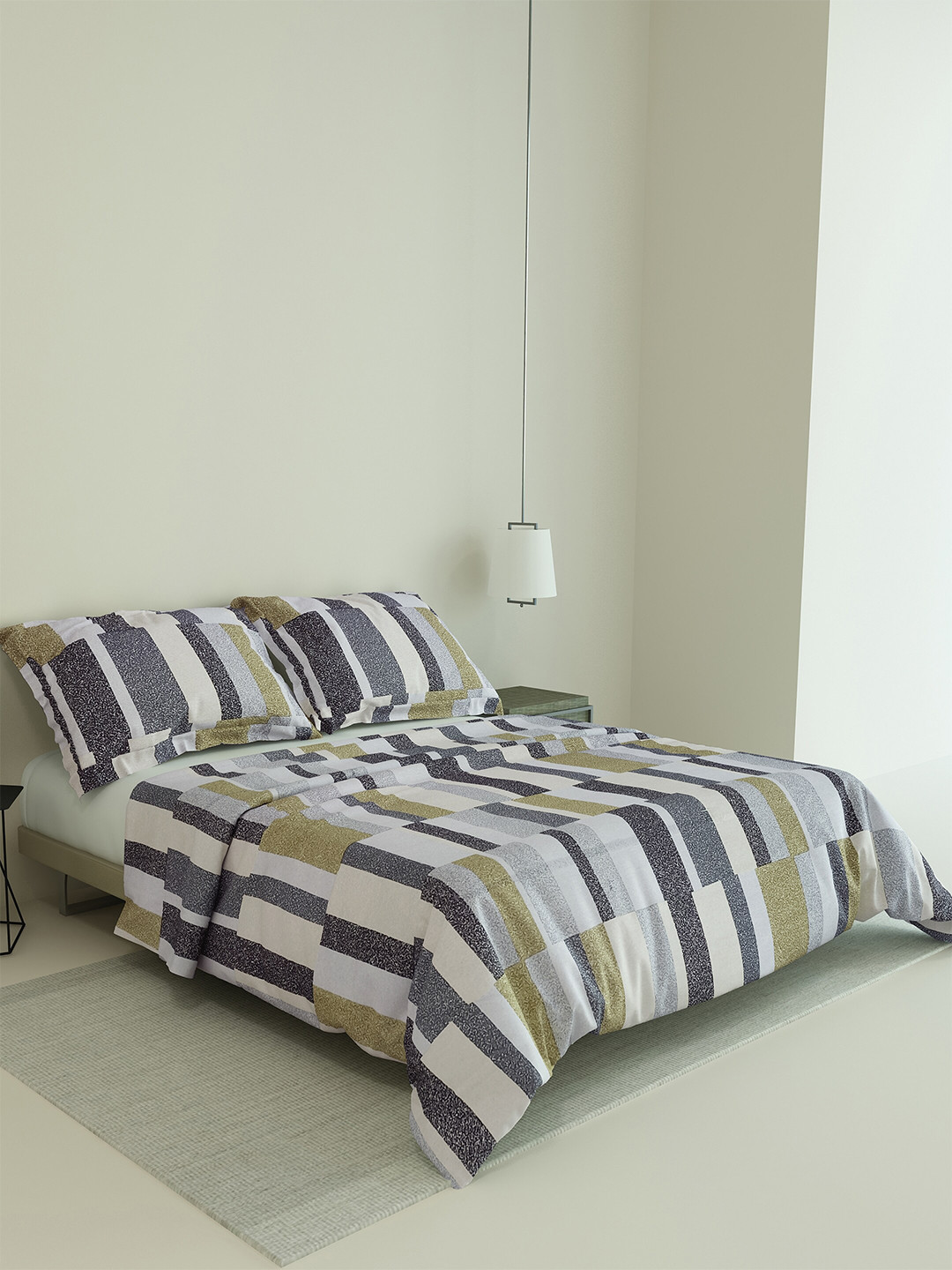 

LABHAM Easy Living Grey & Mustard Printed 200 TC Cotton King Bedsheet & 2 Pillow Covers