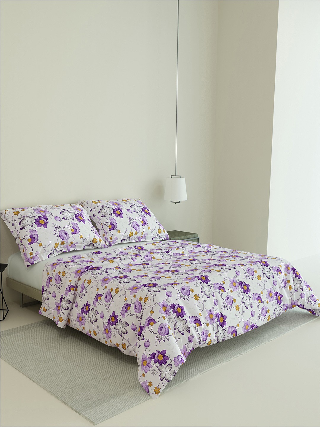 LABHAM Easy Living White & Purple Printed 180 TC Cotton King Bedsheet & 2 Pillow Covers