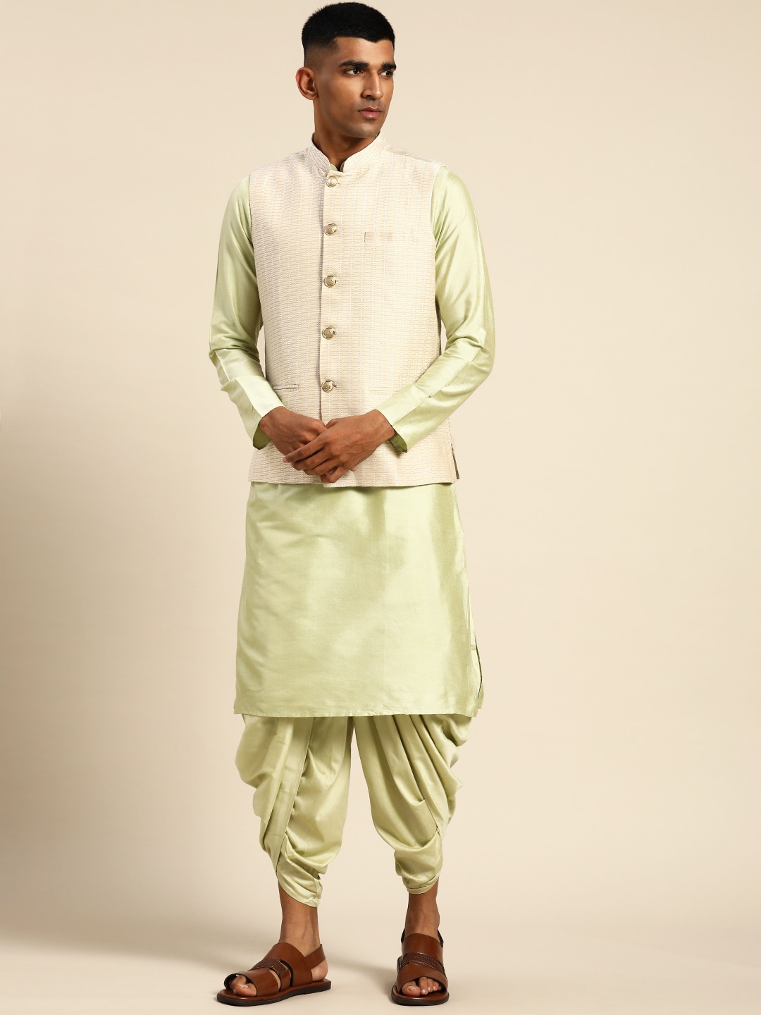 

KISAH Mandarin Collar Kurta with Dhoti Pants & Nehru jacket, Green