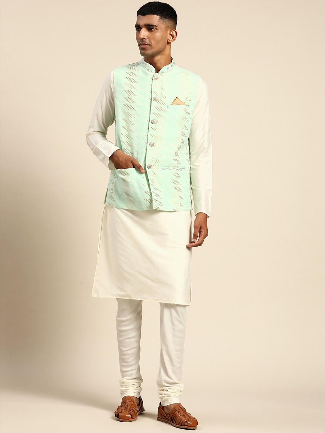 

KISAH Mandarin Collar Pure Cotton Kurta With Churidar & Nehru Jacket Set, Green