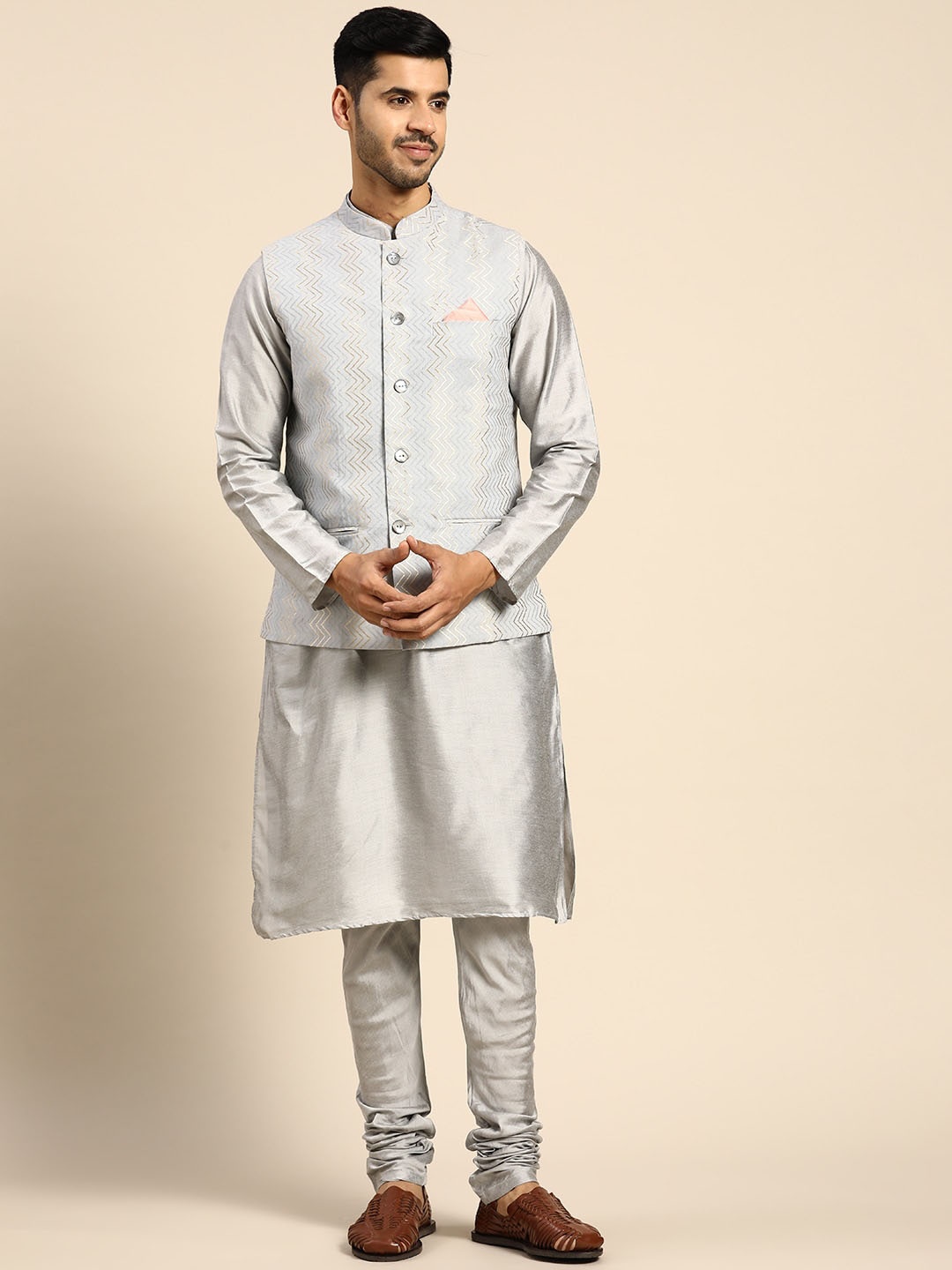 

KISAH Mandarin Collar Pure Cotton Kurta With Churidar & Nehru Jacket, Grey