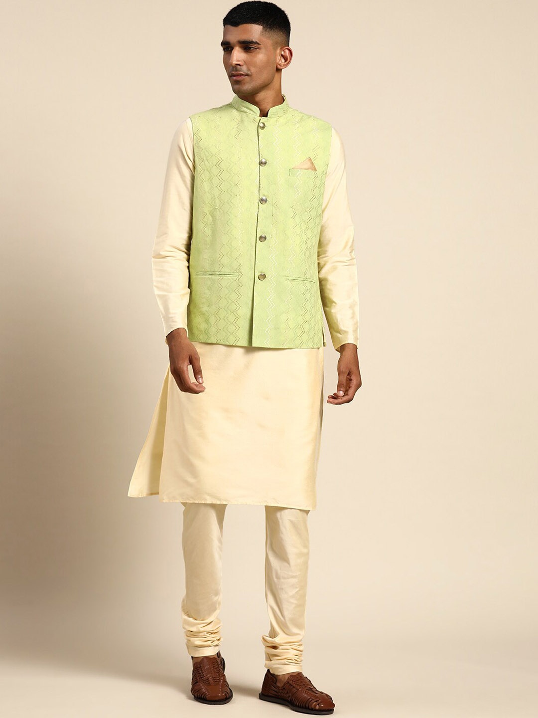 

KISAH Mandarin Collar Pure Cotton Kurta With Churidar & Nehru Jacket Set, Green