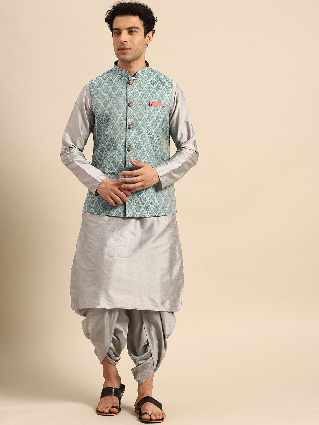 

KISAH Mandarin Collar Kurta With Dhoti Pants & Nehru Jacket Set, Blue