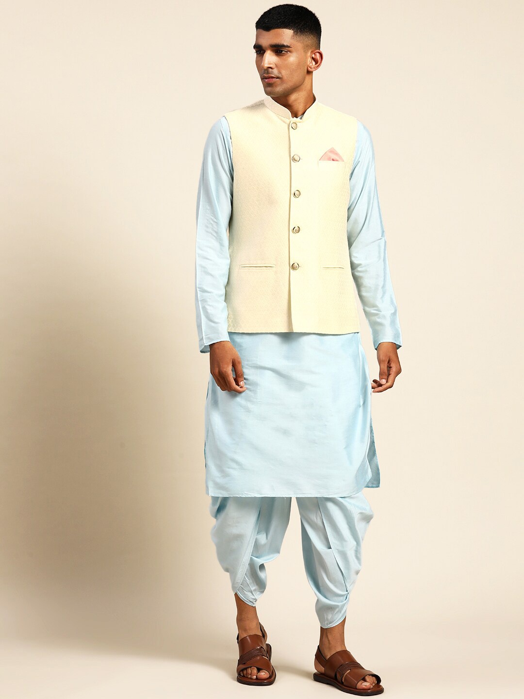 

KISAH Mandarin Collar Kurta With Dhoti Pants & Nehru Jacket, Cream