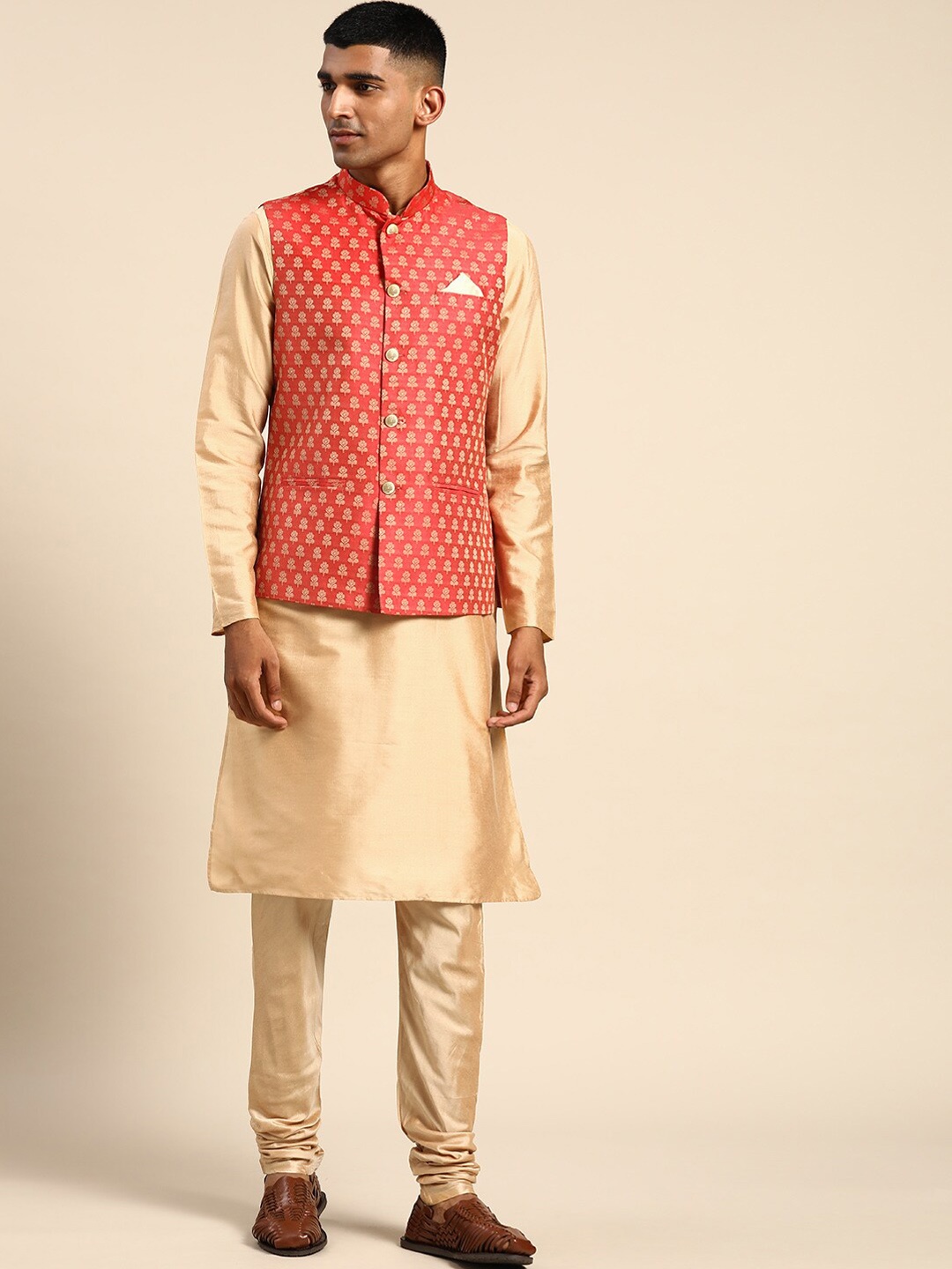 

KISAH Mandarin Collar Kurta With Churidar & Nehru Jacket Set, Red