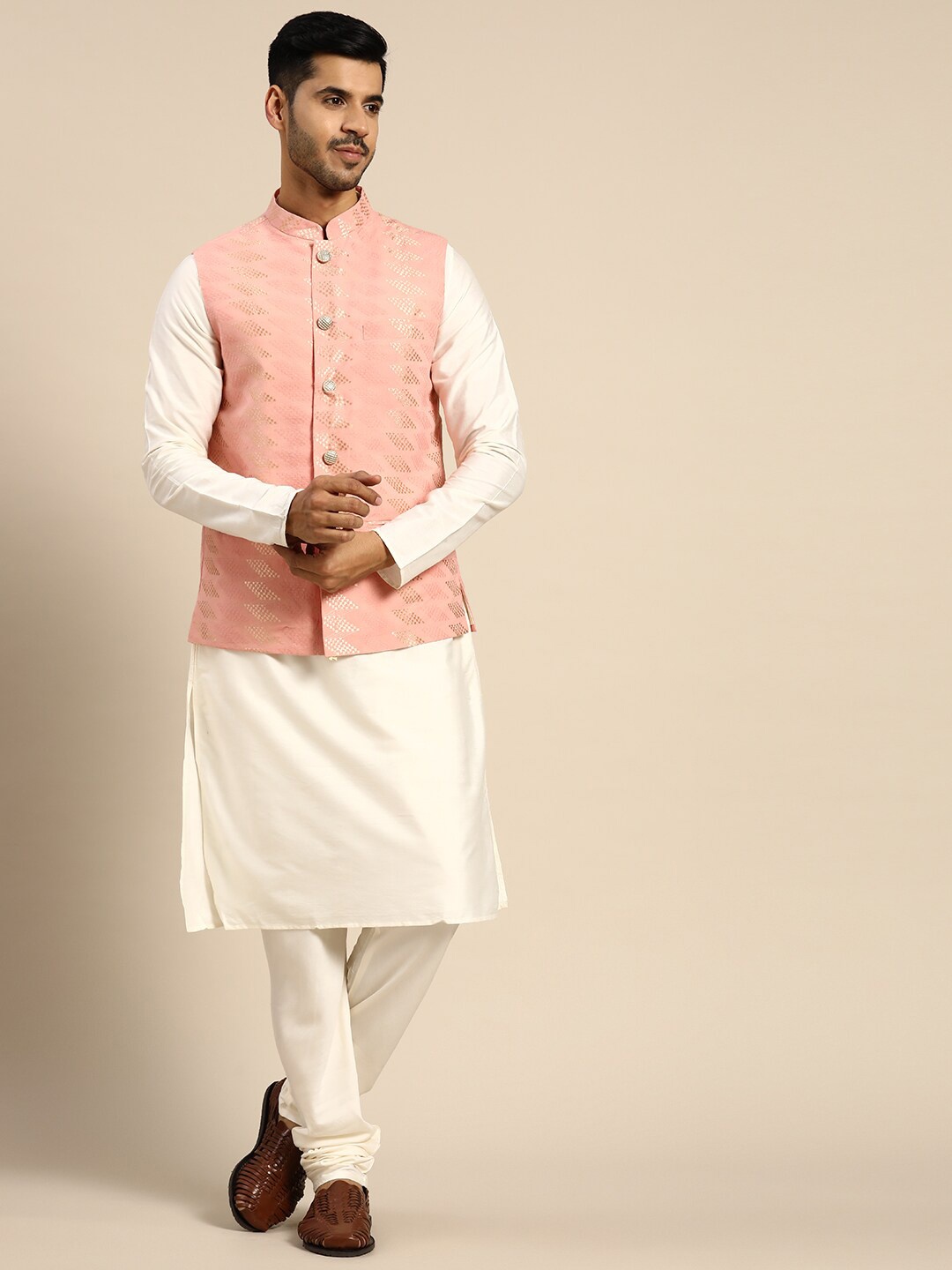 

KISAH Mandarin Collar Pure Cotton Kurta With Churidar & Nehru Jacket, Pink