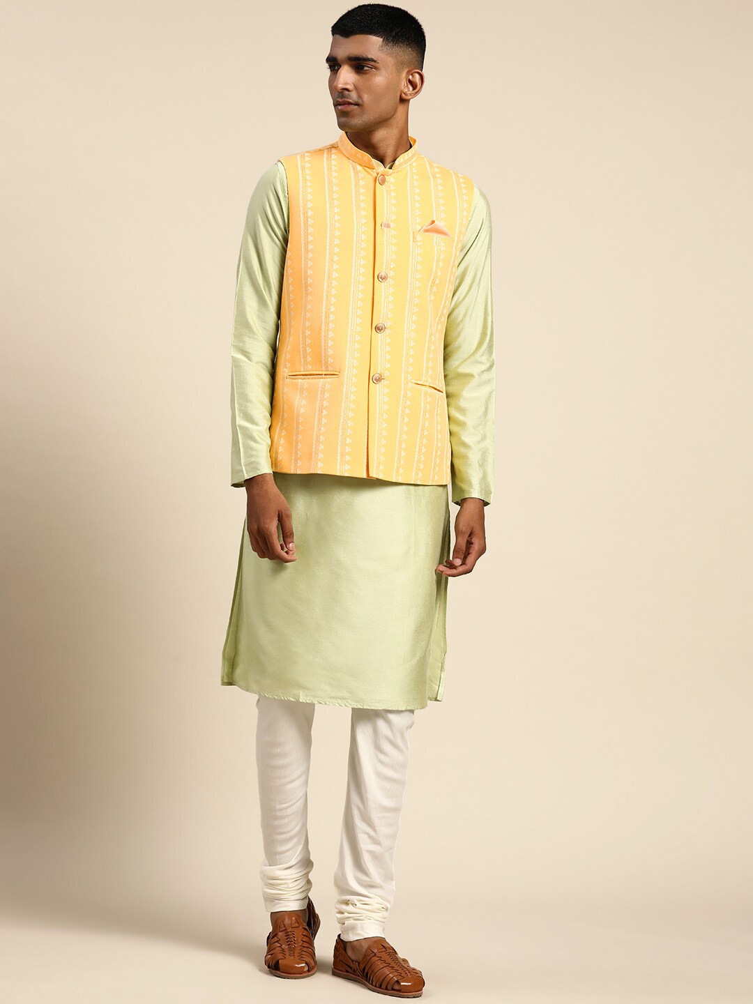

KISAH Mandarin Collar Kurta With Churidar & Nehru Jacket Set, Yellow