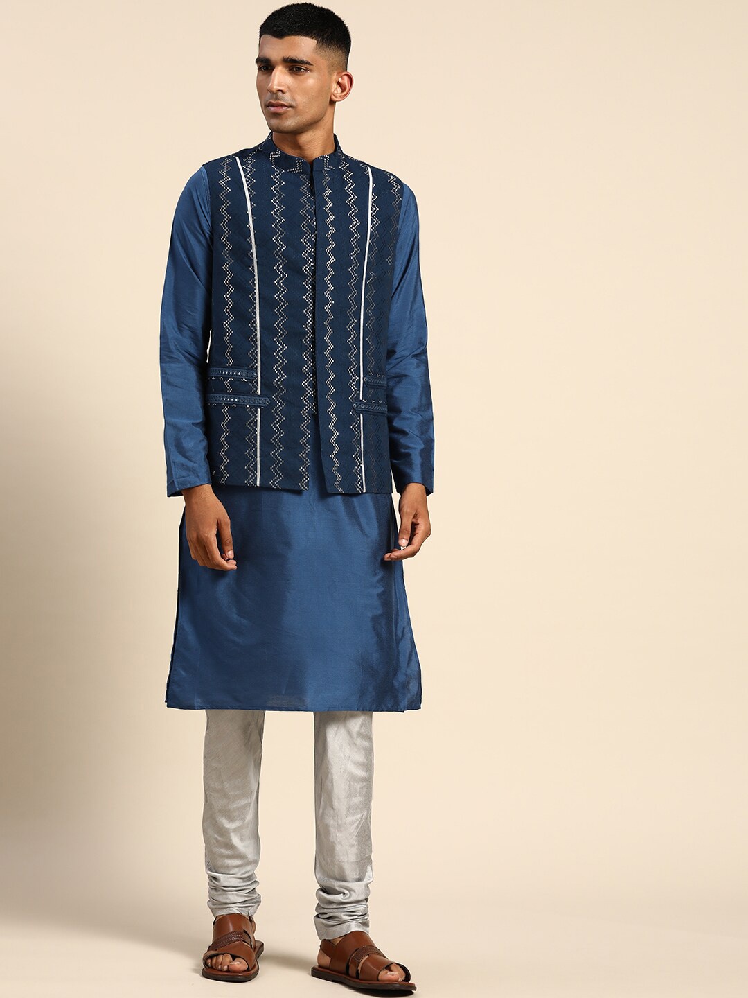 

KISAH Mandarin Collar Pure Cotton Kurta With Churidar & Nehru Jacket Set, Navy blue