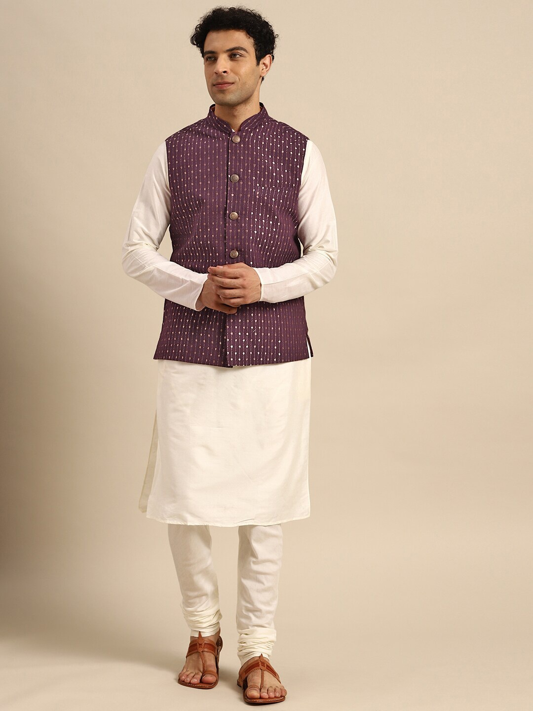 KISAH Mandarin Collar Pure Cotton Kurta with Churidar & Nehru jacket, Cream