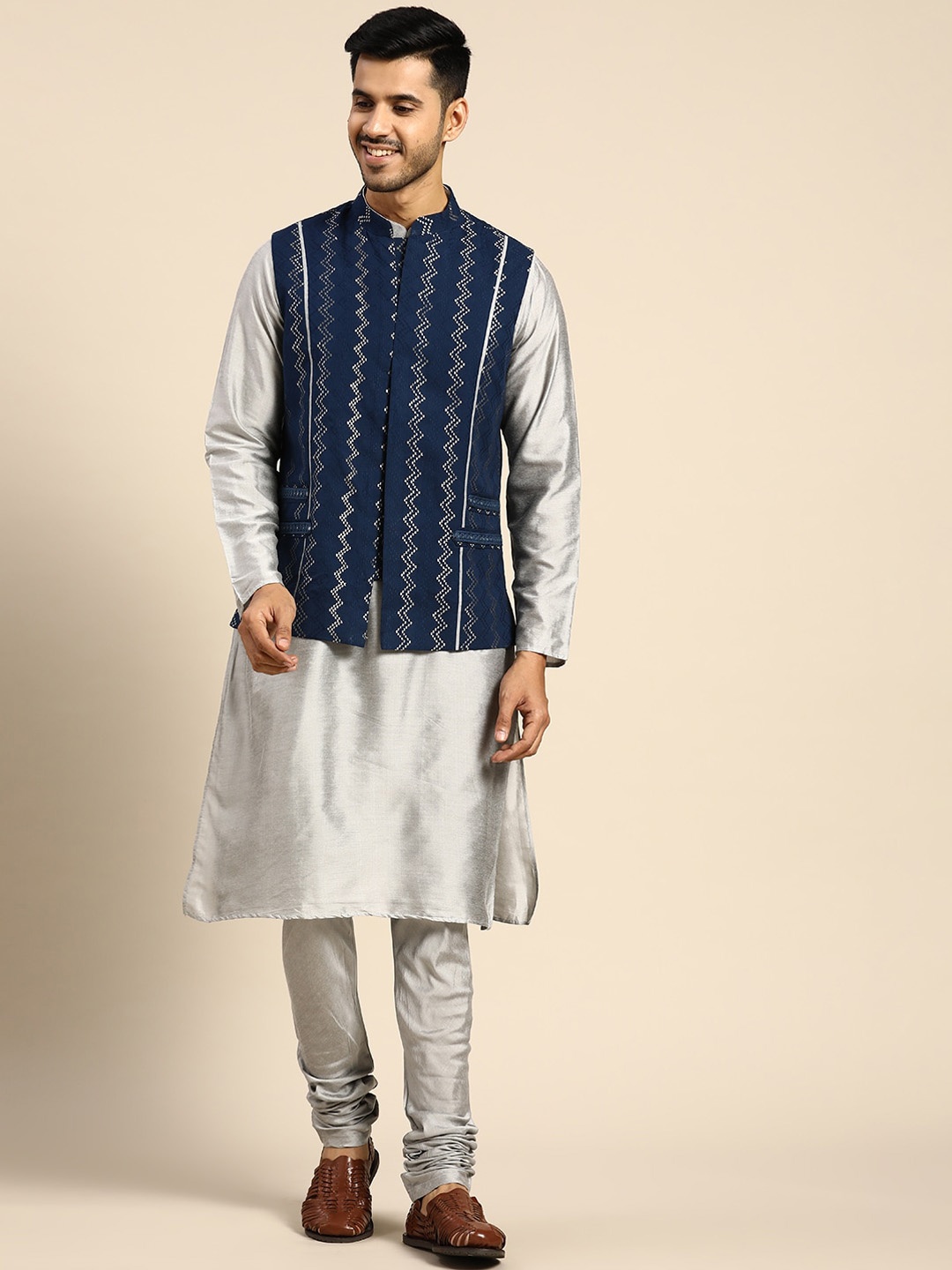 

KISAH Mandarin Collar Pure Cotton Kurta & Churidar With Nehru Jacket Set, Grey