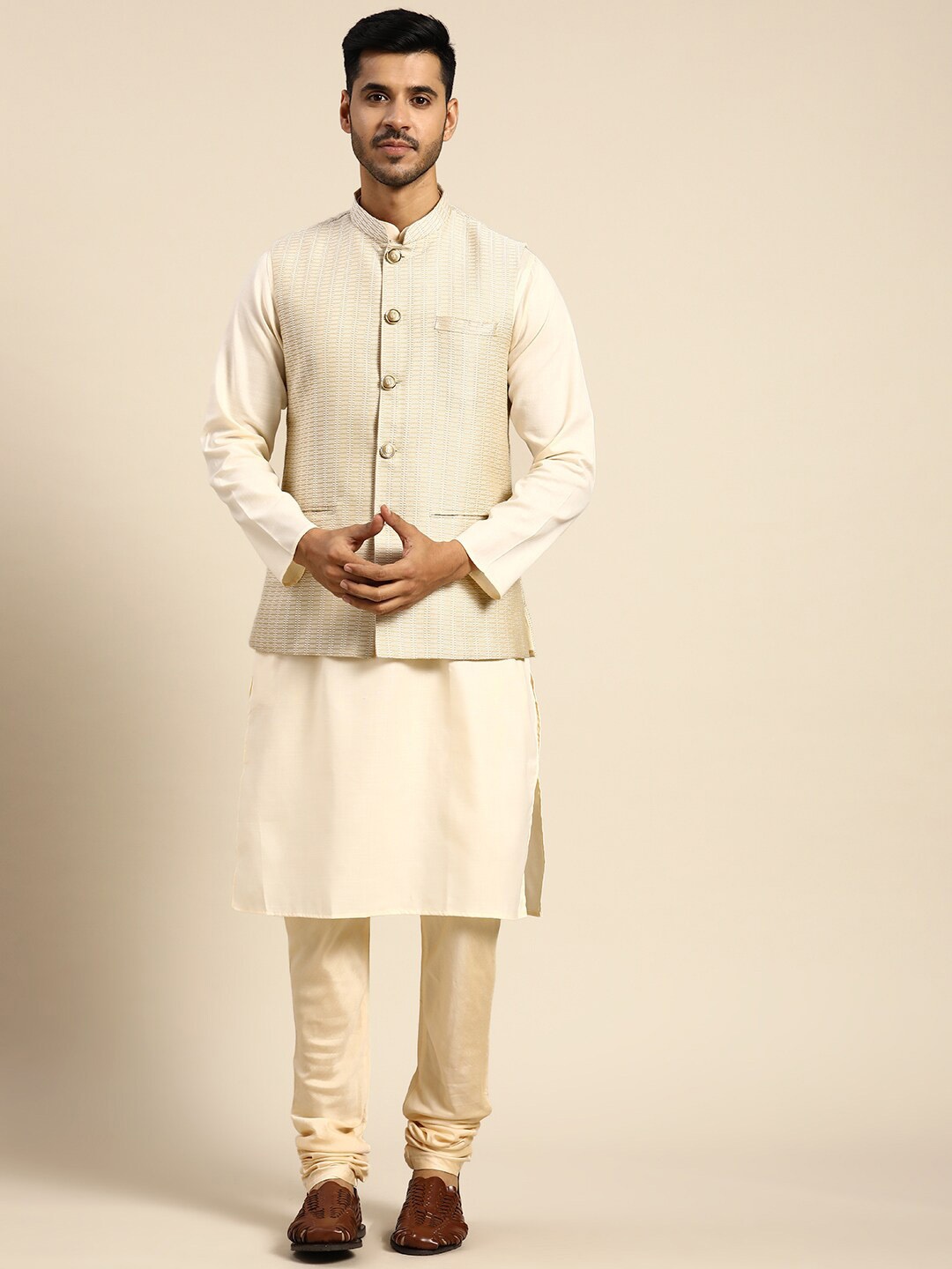 

KISAH Mandarin Collar Kurta with Churidar & Nehru jacket, Cream