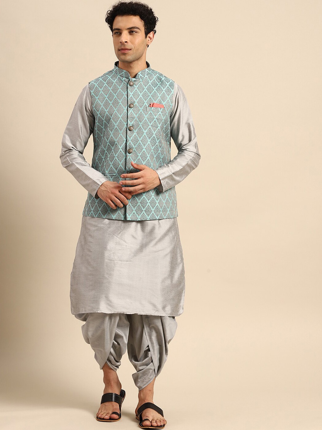 

KISAH Mandarin Collar Regular Kurta & Dhoti Pants with Woven Design Nehru Jacket Set, Grey