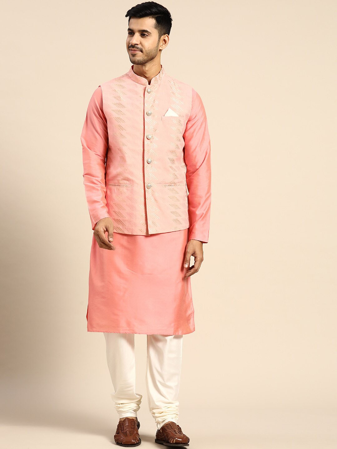 

KISAH Mandarin Collar Pure Cotton Kurta with Churidar & Nehru jacket, Peach