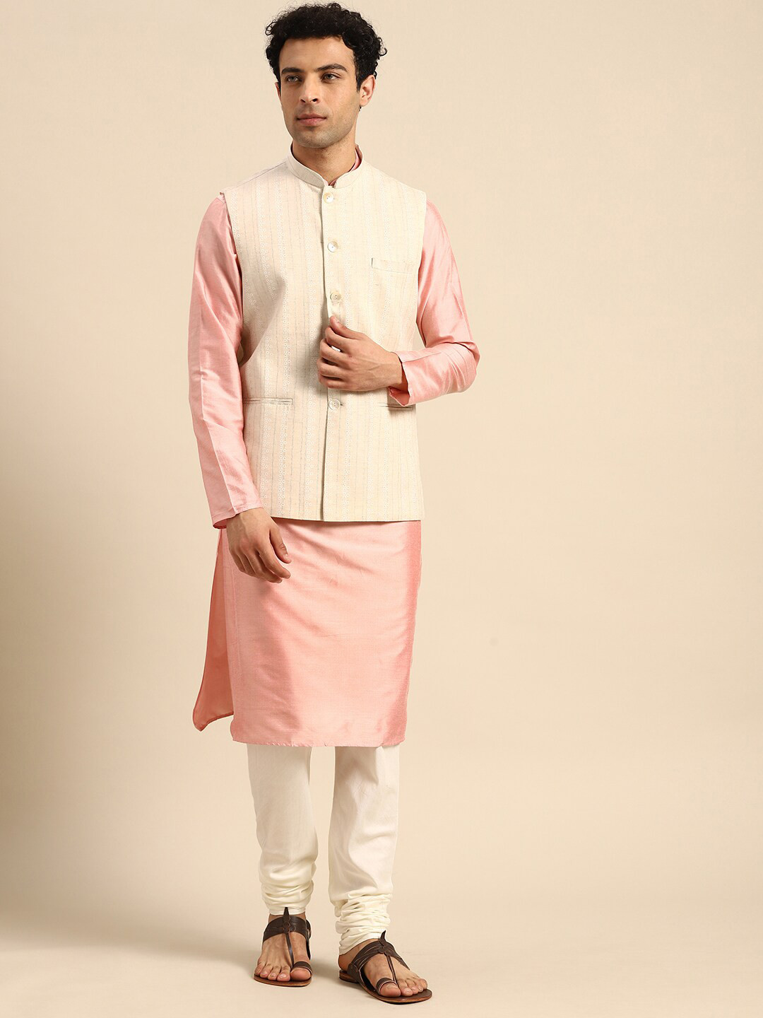 

KISAH Mandarin Collar Pure Cotton Kurta With Churidar & Nehru Jacket, White