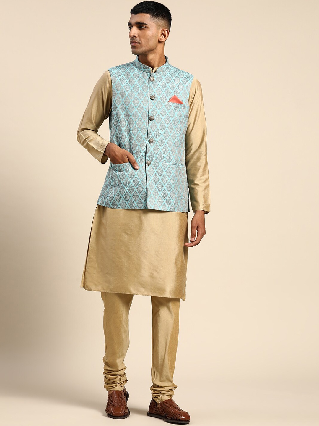 

KISAH Mandarin Collar Kurta with Churidar & Nehru jacket, Gold