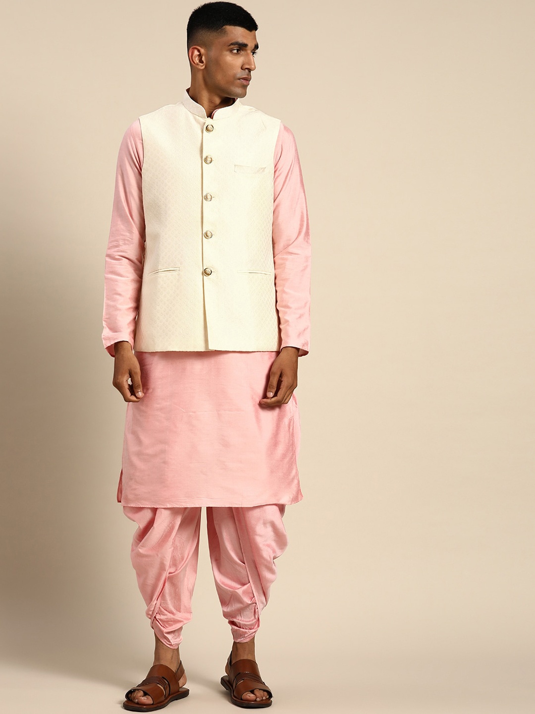 

KISAH Mandarin Collar Kurta with Dhoti Pants & Nehru jacket, Peach