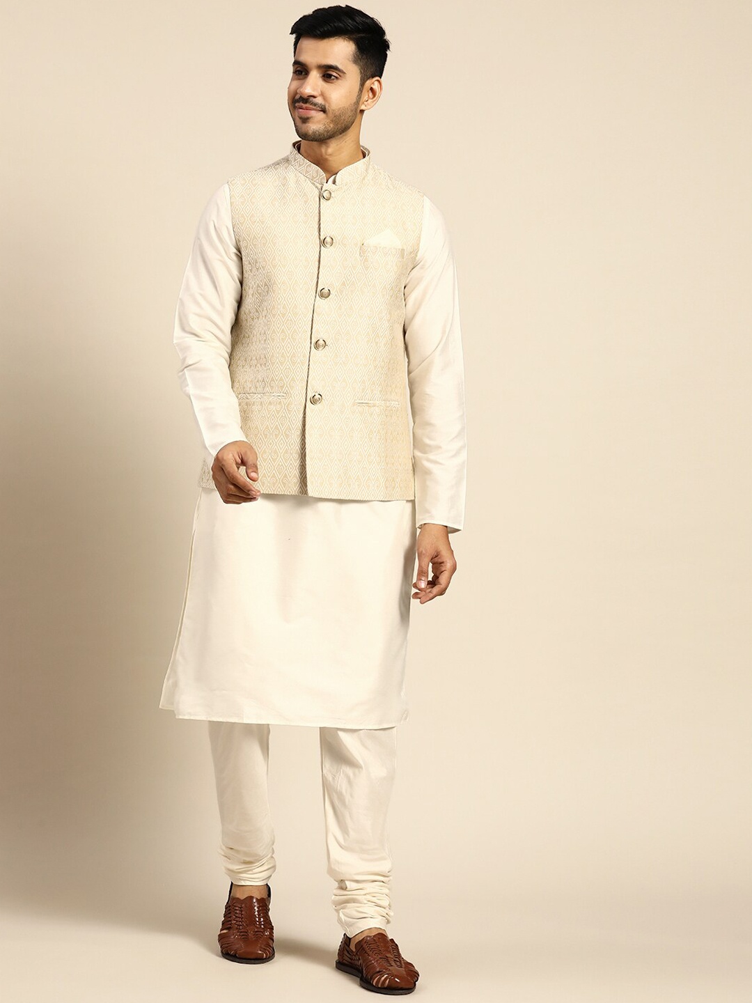 

KISAH Mandarin Collar Kurta with Churidar & Nehru jacket, Cream