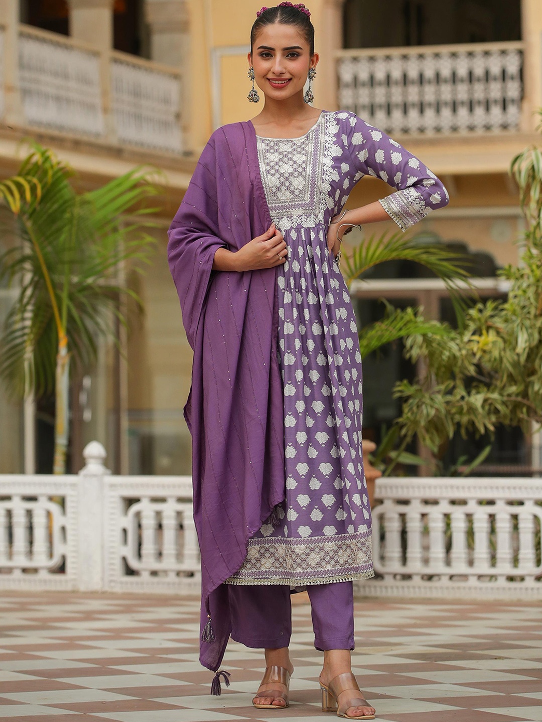 

SCAKHI Ethnic Motifs Printed Pleated Thread Work Kurta With Trousers & Dupatta, Purple