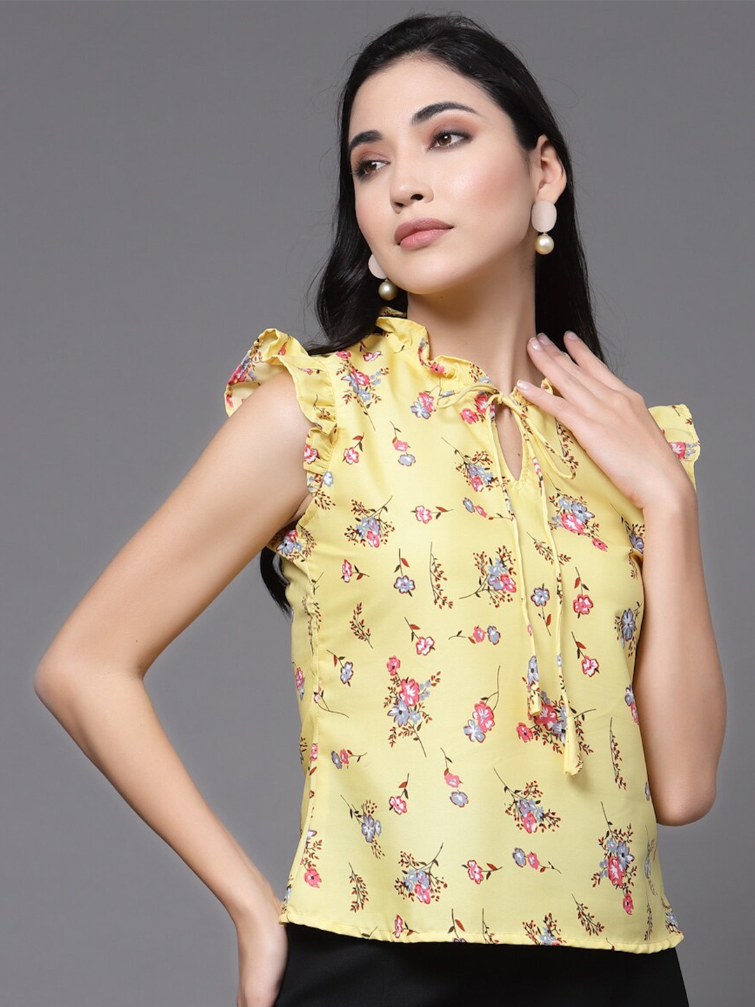 

Oomph! Floral Printed Flutter Sleeve Tie-Up Neck Crepe Top, Yellow
