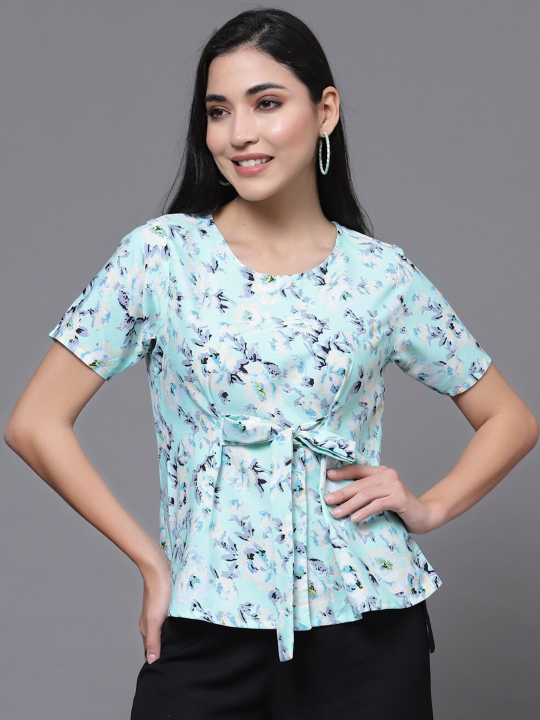 

Oomph! Floral Printed Round Neck Waist Tie-Up Top, Blue