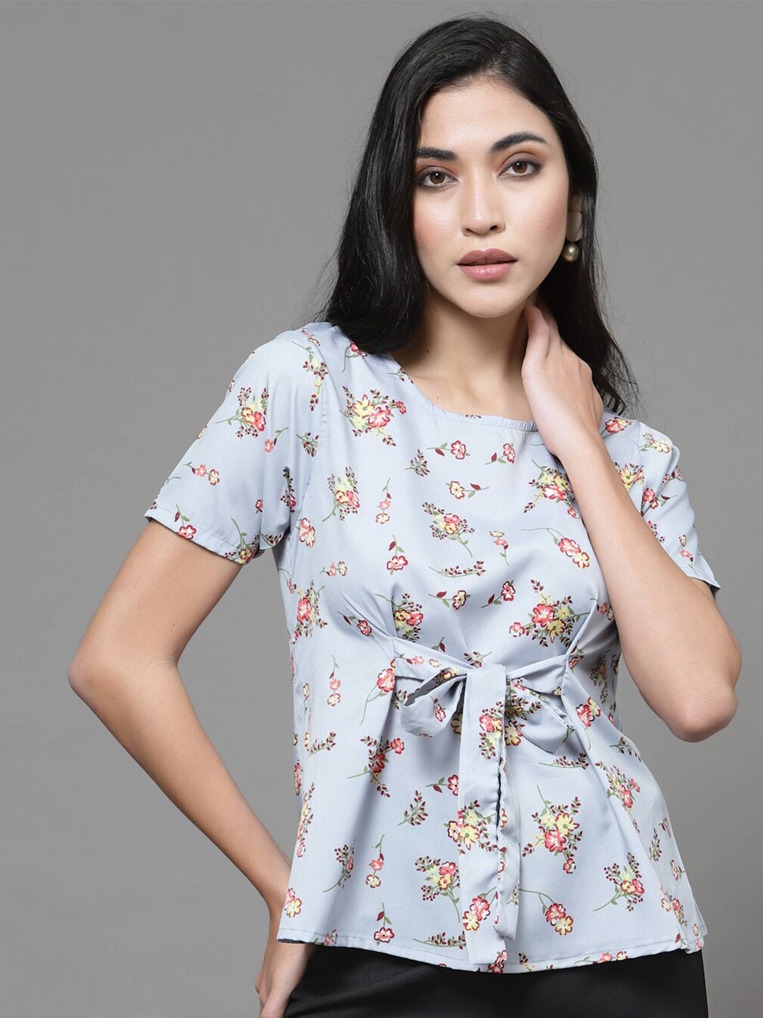 Oomph! Floral Printed Waist-Tie Up Top, Blue