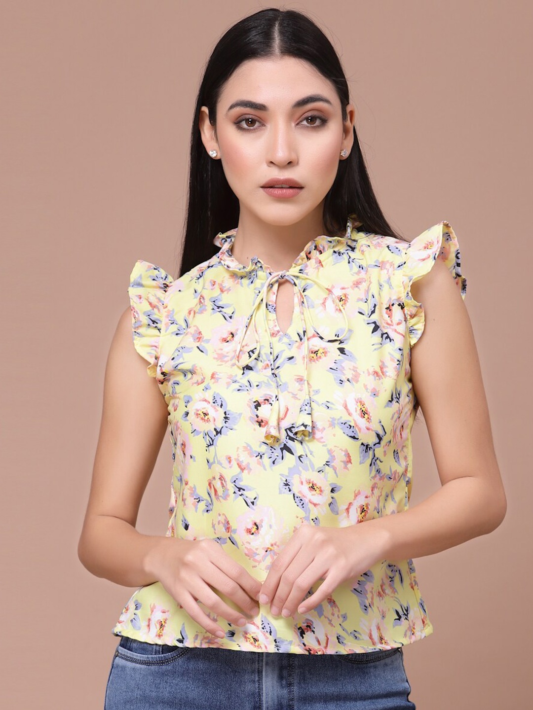 

Oomph! Floral Printed Tie-Up Neck Flutter Sleeves Regular Top, Yellow