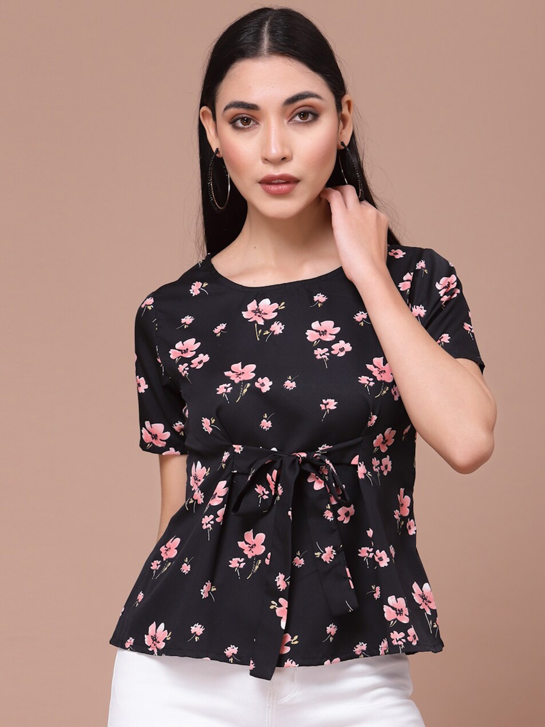 

Oomph! Floral Printed Round Neck Waist Tie Ups Regular Top, Black