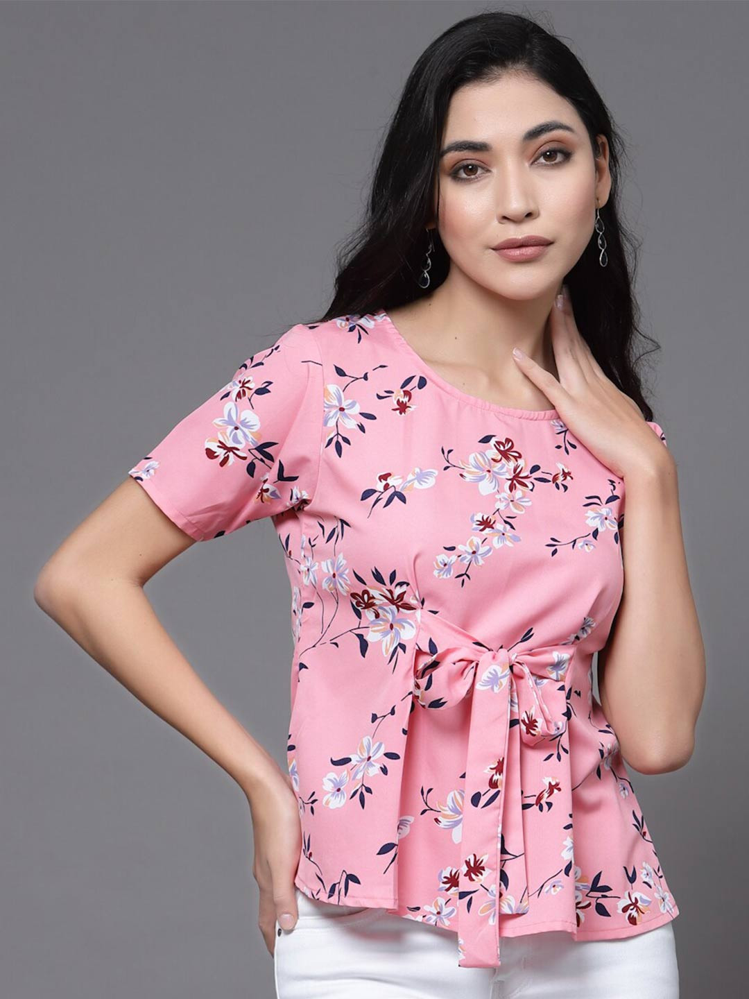 

Oomph! Floral Printed Waist Tie-Ups Regular Top, Pink