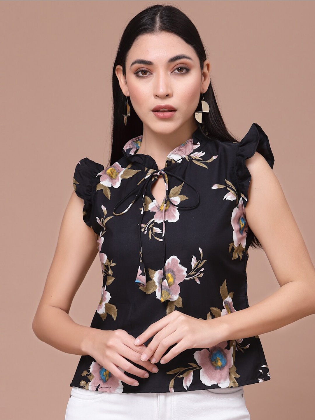 Oomph! Floral Printed Tie-Up Neck Flutter Sleeves Top, Black