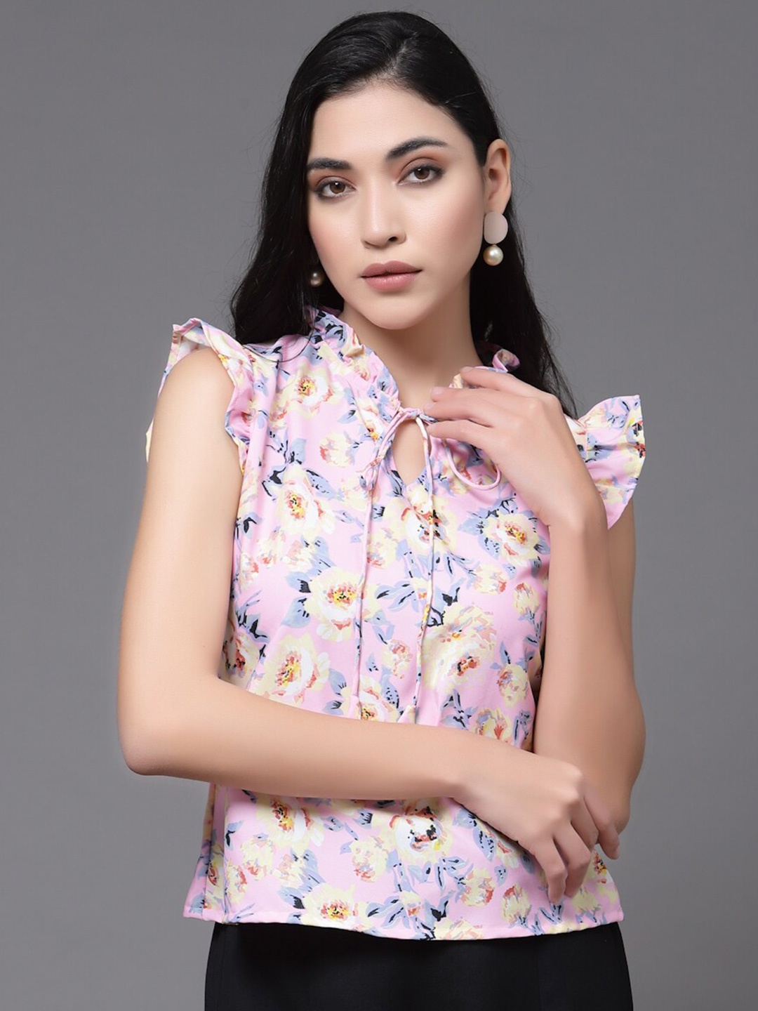 

Oomph! Floral Printed Tie-Up Neck Flutter Sleeves A-Line Top, Pink