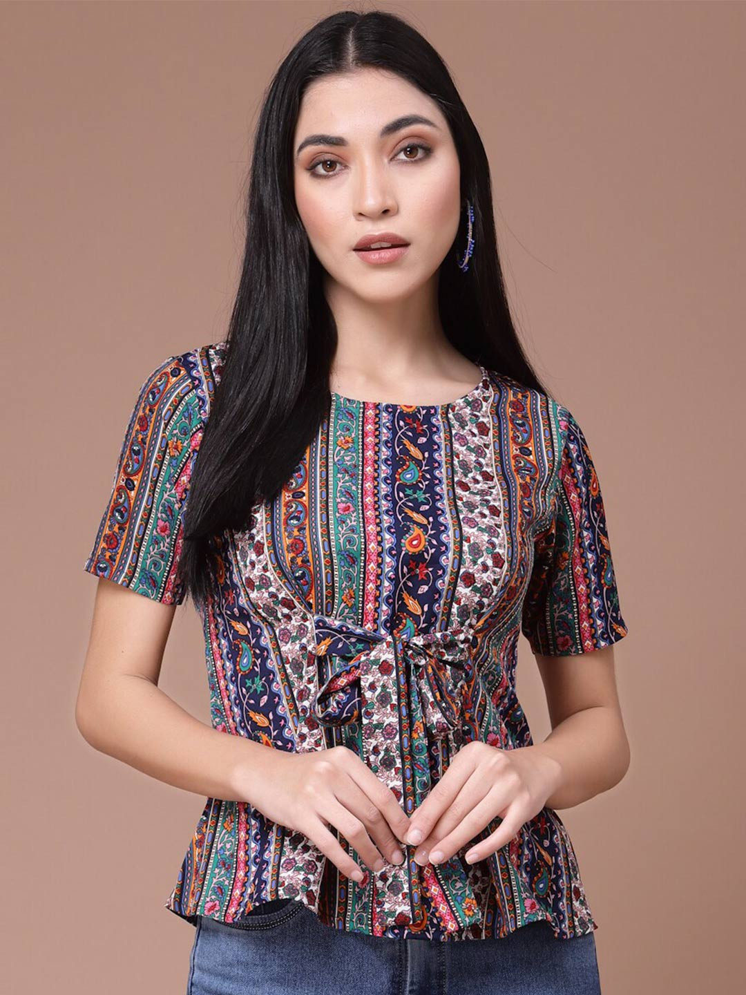 

Oomph! Floral Motif Printed Round Neck Waist Tie-Up Regular Top, Navy blue