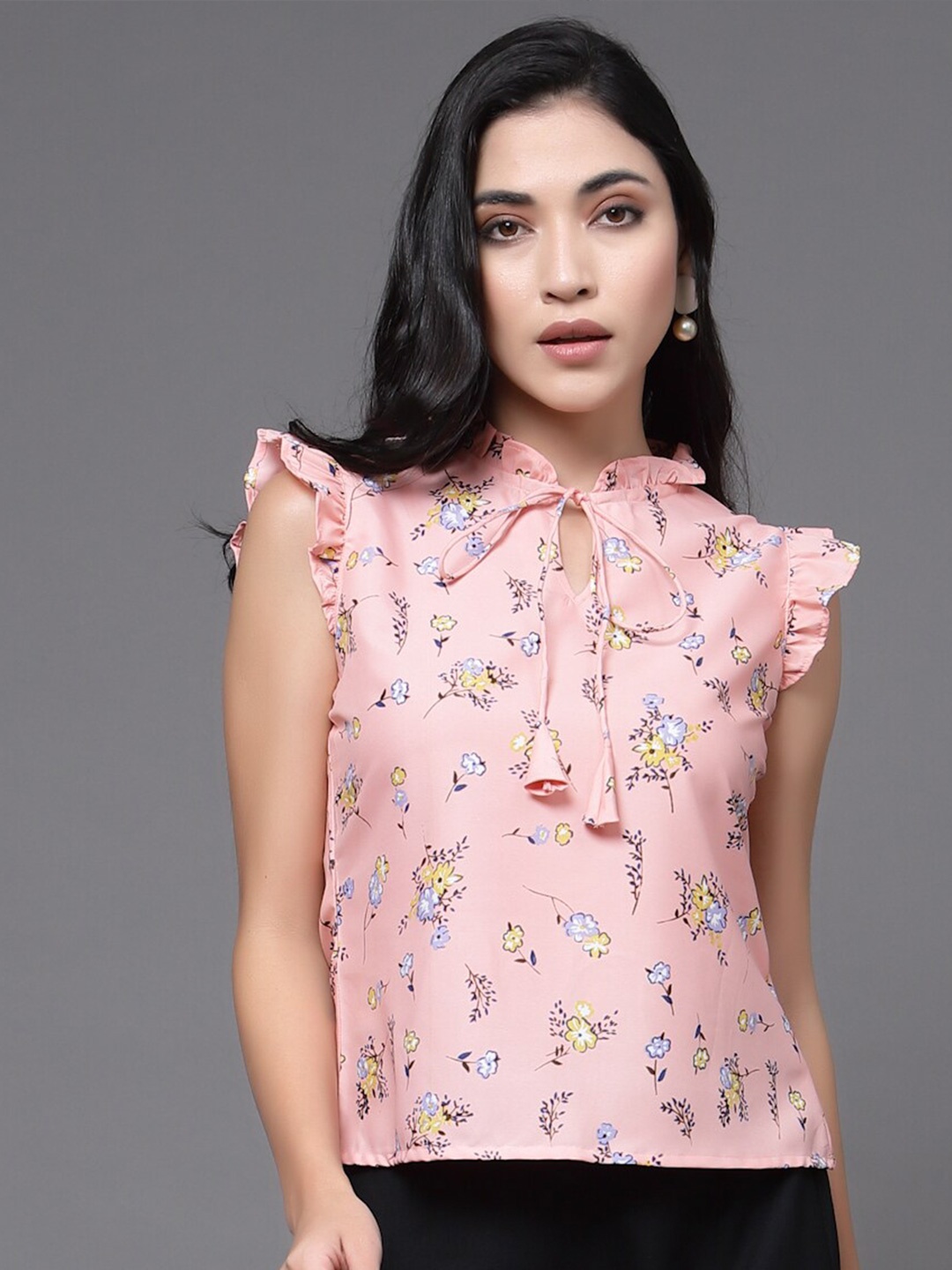 

Oomph! Floral Printed Flutter Sleeve Tie-Up Neck Crepe Top, Orange