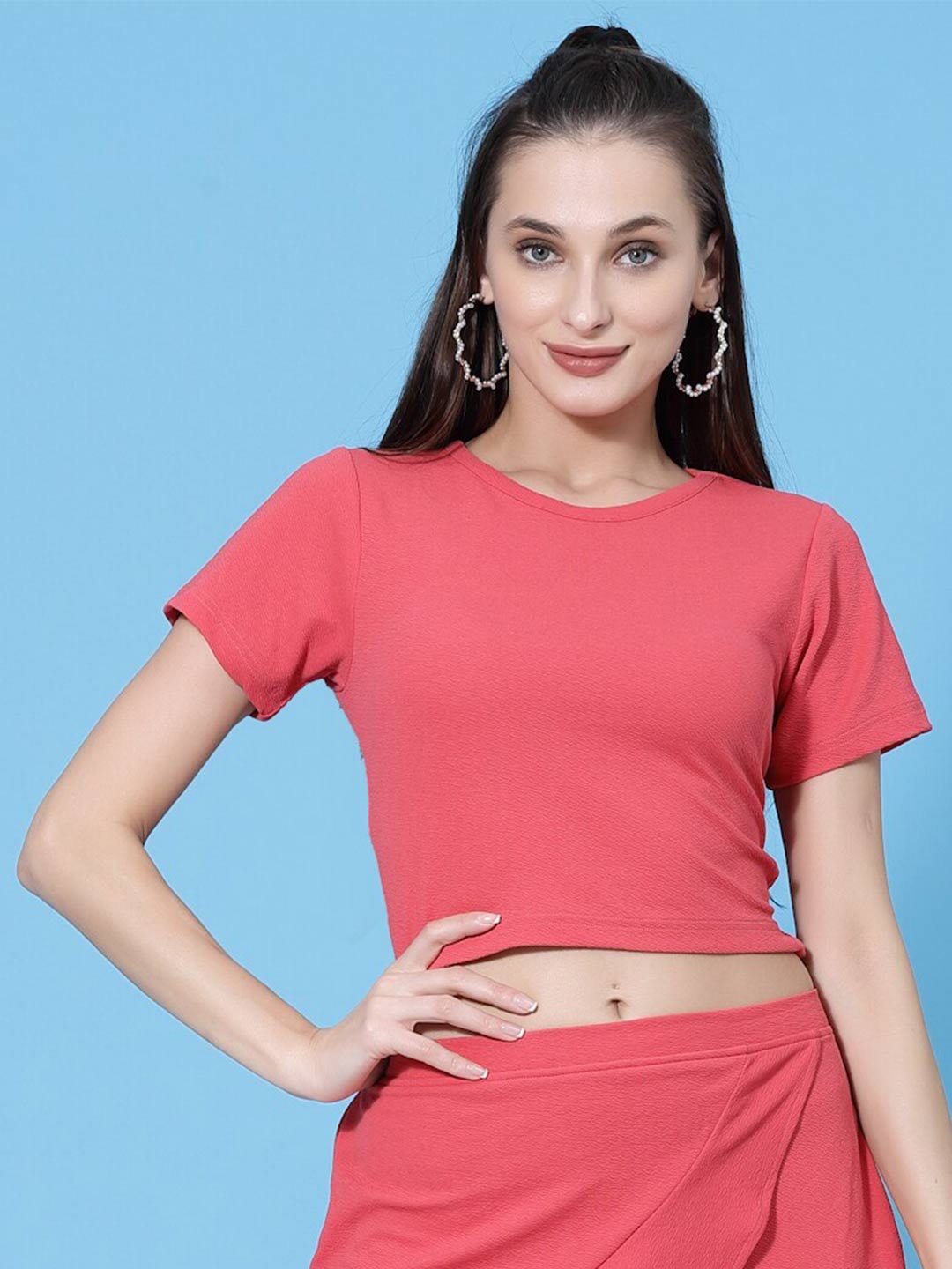 

Oomph! Round Neck Styled Back Crop Top, Coral