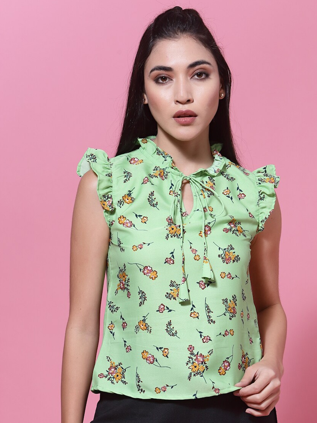 

Oomph! Floral Printed Tie-Up Neck Flutter Sleeves Top, Green