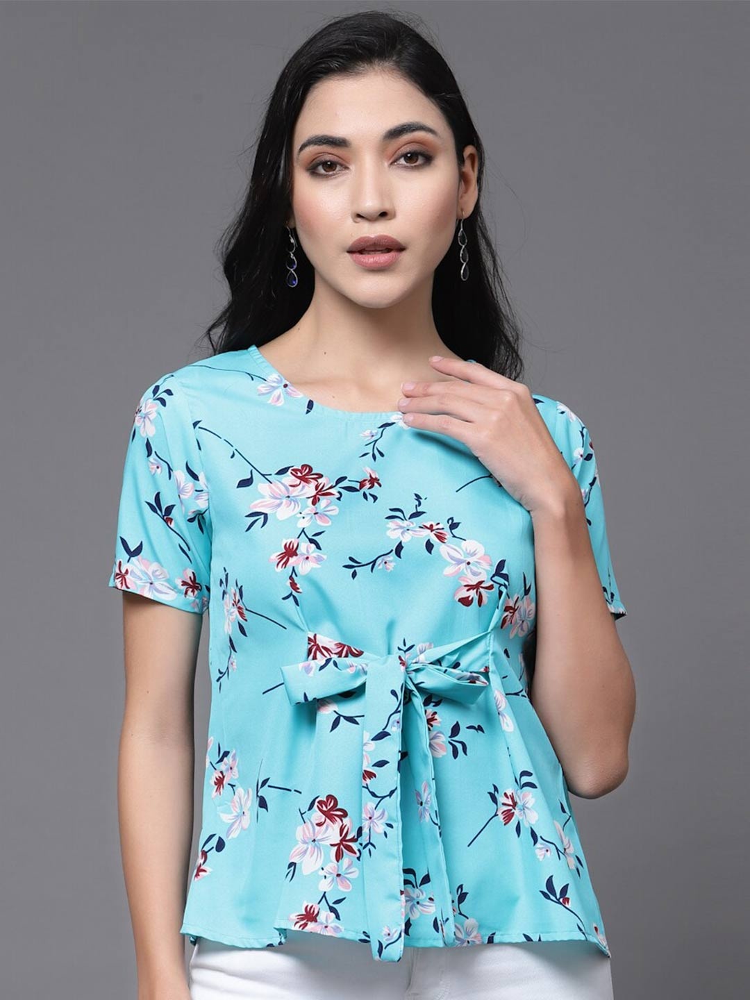

Oomph! Floral Printed Cinched Waist Crepe Top, Blue
