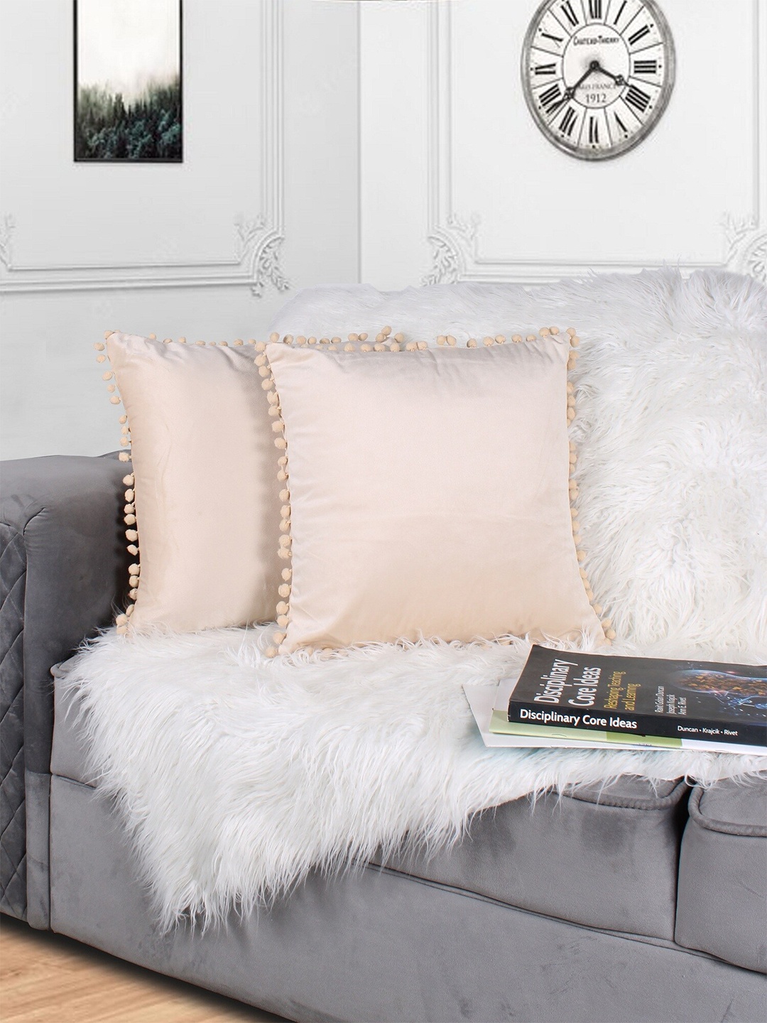 STITCHNEST Beige 2 Pieces Velvet Square Cushion Covers