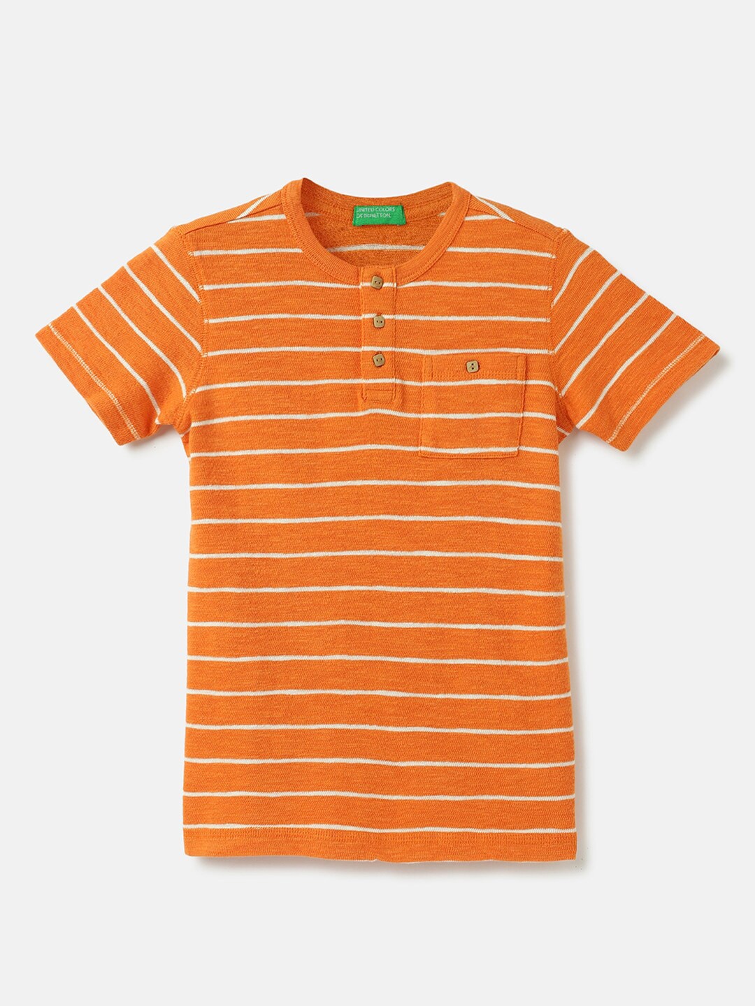 

United Colors of Benetton Boys Striped Henley Neck Cotton T-shirt, Orange