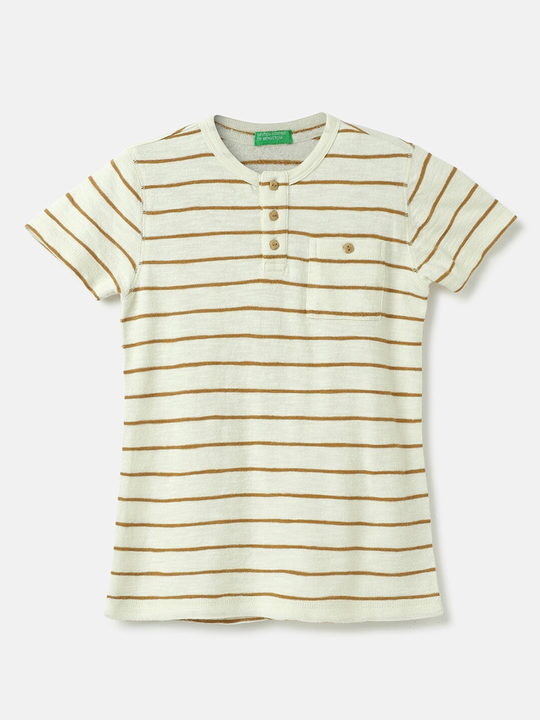 

United Colors of Benetton Boys Striped Henley Neck Cotton T-shirt, Cream