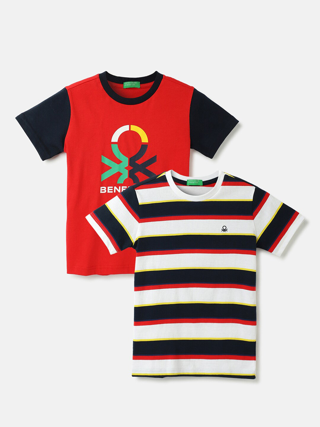 

United Colors of Benetton Boys Pack Of 2 Striped Round Neck Cotton T-shirts, Red