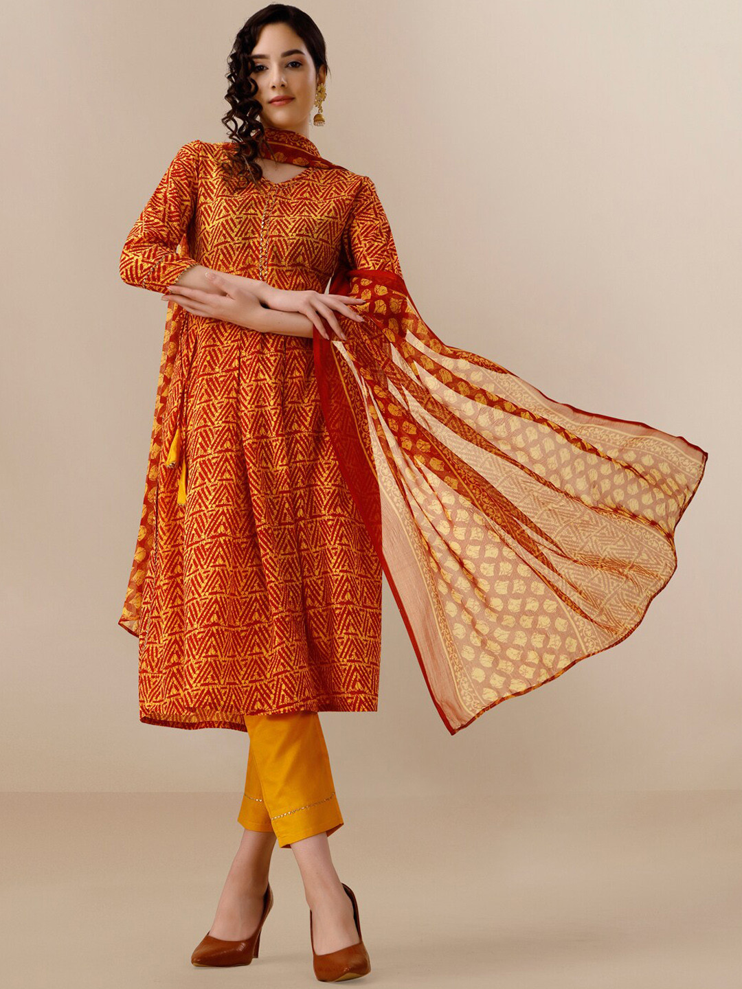 

KALINI Printed V Neck Anarkali Kurta With Trousers & Dupatta, Orange