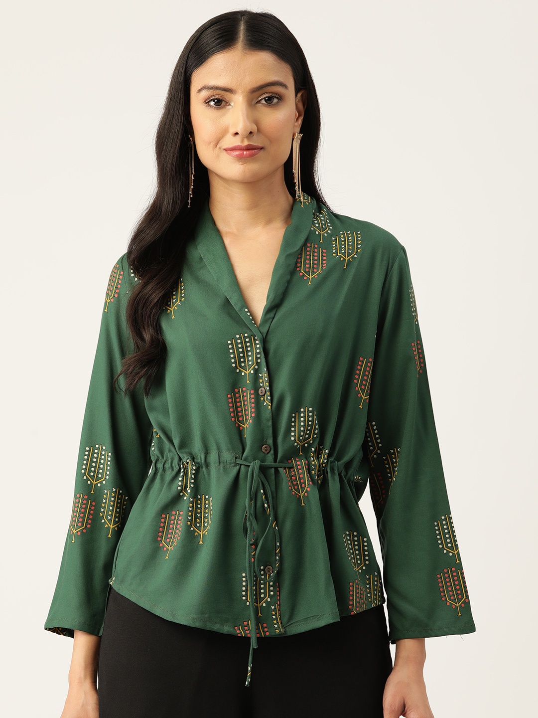 

ZIZO By Namrata Bajaj Geometric Print Slit Sleeves Ethnic Top, Green